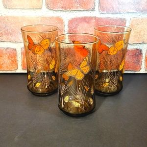 Vintage Libbey Drinking Glasses Amber Monarch Butterfly Wheat Pattern Set Of 3